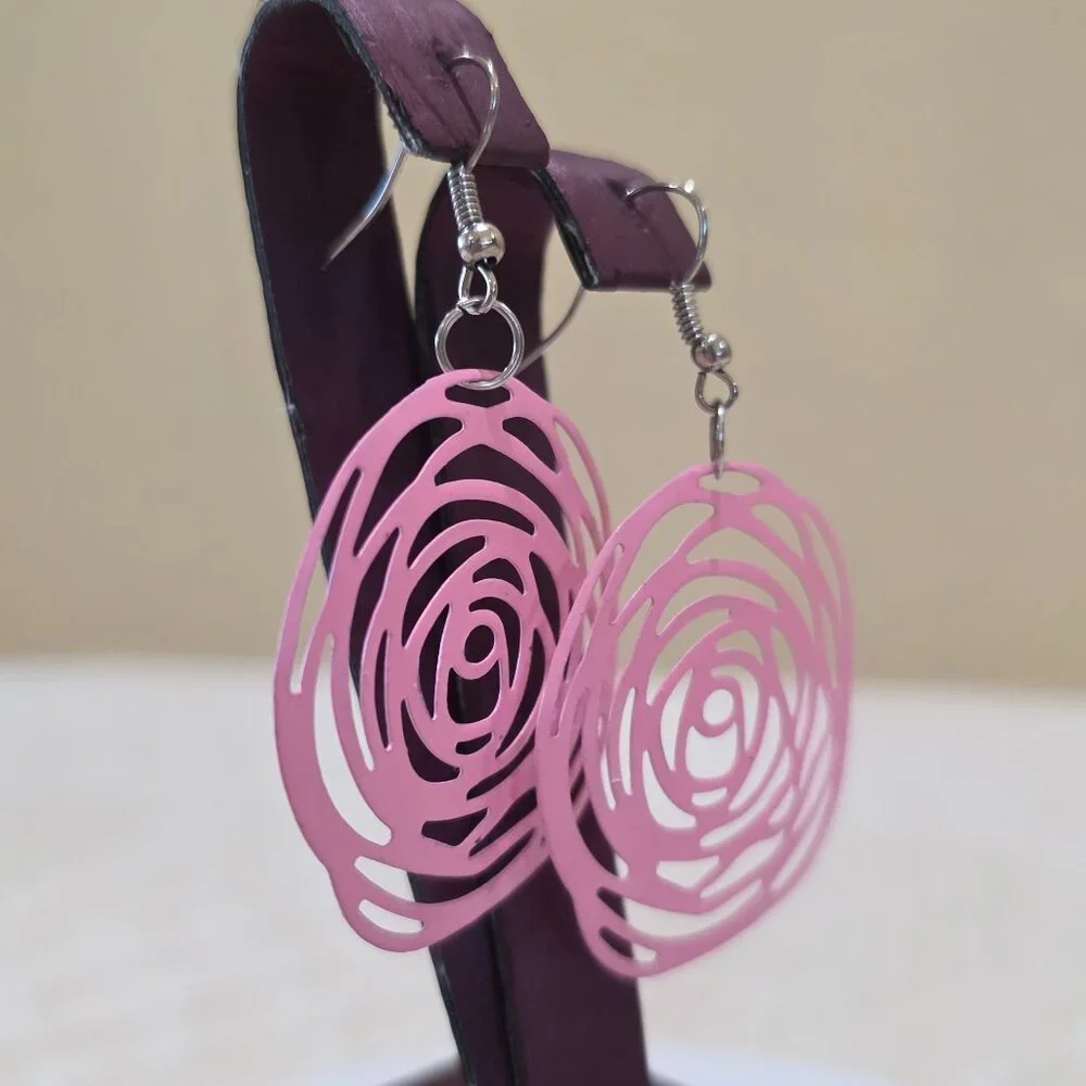 Beautiful Spring Flowers Light Pink Open Work Metal Rose Flower Dangle Earrings